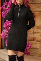 Gebreide jurk col met rits | Zwart