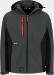 Grijze softshell werkjas met zwarte panelen aan de zijkanten en een oranje rits op de borst.