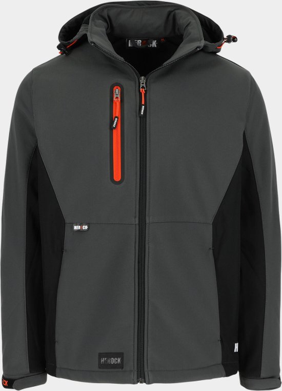 Grijze softshell werkjas met zwarte panelen aan de zijkanten en een oranje rits op de borst.
