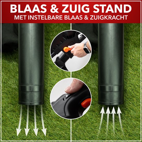 Twee demonstraties van de blaas- en zuigstand van de bladblazer, met pijlen die de luchtstroom aangeven. "BLAAS &amp; ZUIG STAND MET INSTELBARE BLAAS &amp; ZUIGKRACHT"