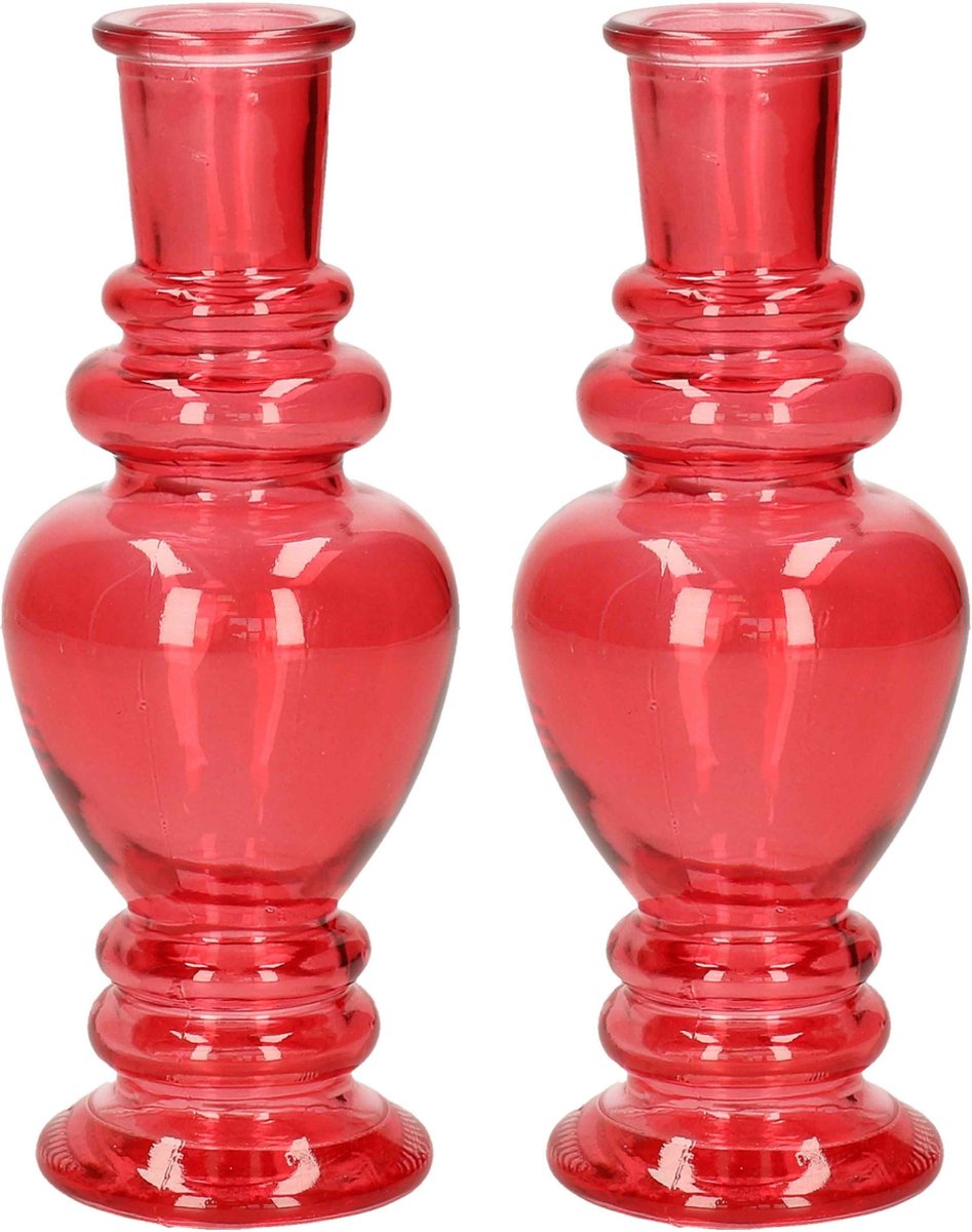 Ideas 4 Seasons Bloemenvaas Venice - 2x - voor kleine stelen/boeketten - gekleurd sierglas - helder koraal rood - D5.7 x H15 cm