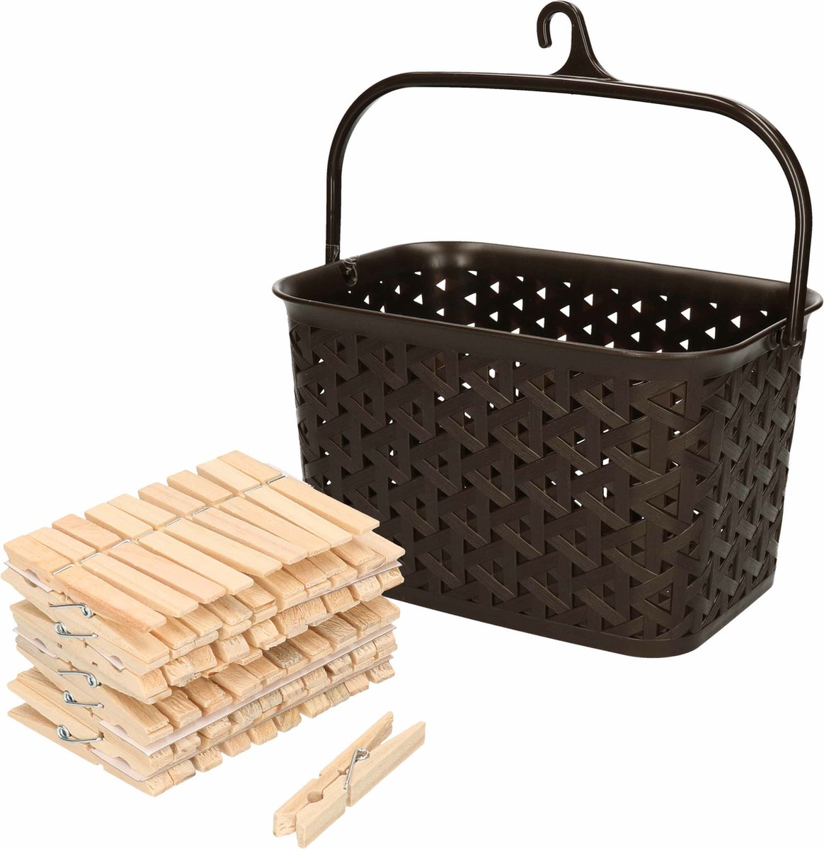 Goedkoopste Wasknijpers mandje met ophanghaak - bruin - gevuld met 100x houten wasknijpers van 7 cm - was ophangen