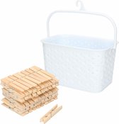 Panier à Épingles à linge avec crochet de suspension - blanc - rempli de 100x pinces à linge en bois de 7 cm - linge suspendu