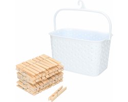 Wasknijpers mandje met ophanghaak - wit - gevuld met 100x houten wasknijpers van 7 cm - was ophangen