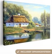 Canvas - Schilderij - Huis - Water - Boot - Kunst - Olieverf - Canvas doek - Schilderijen op canvas - 120x80 cm - Foto op canvas - Wanddecoratie - Woonkamer