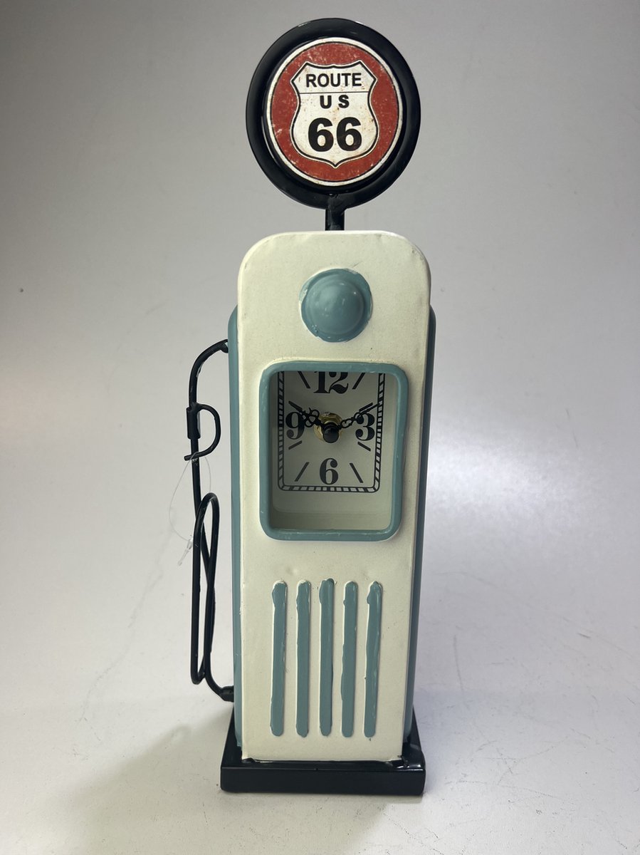 Retro Route 66 benzinepomp klok - bureauklok blauw metaal
