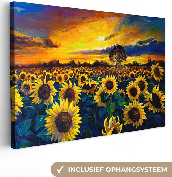 Canvas schilderij - Zonnebloemen veld 60x40 - Kamer decoratie accessoires kleurrijk - Kunst schilderijen woonkamer - Wanddecoratie slaapkamer - Muurdecoratie keuken - Wanddoek interieur binnen - Woondecoratie huis - Woonaccessoires