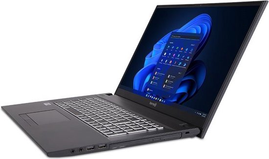 Zwarte Terra laptop met verlicht toetsenbord en Windows 11 op het scherm, schuin van voren gefotografeerd.