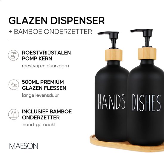 Mifxin Set van 2 glazen zeepdispensers met dienblad en bamboe afwasborstel, handzeepdispenser 16 oz keukenset - boerderij decor afwasmiddel pompfles (zwart - 2 stuks