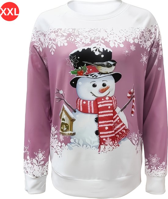 Kersttrui - Dames - Foute Kersttrui - Christmas Sweater - Kerst Sweater - Christmas Jumper - Pyjama - Pullover - Sneeuwpop - Roze - Maat XXL