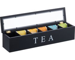 theebox - 6 vaks - bamboe - 9x43,5x9 cm - met deksel - zwart