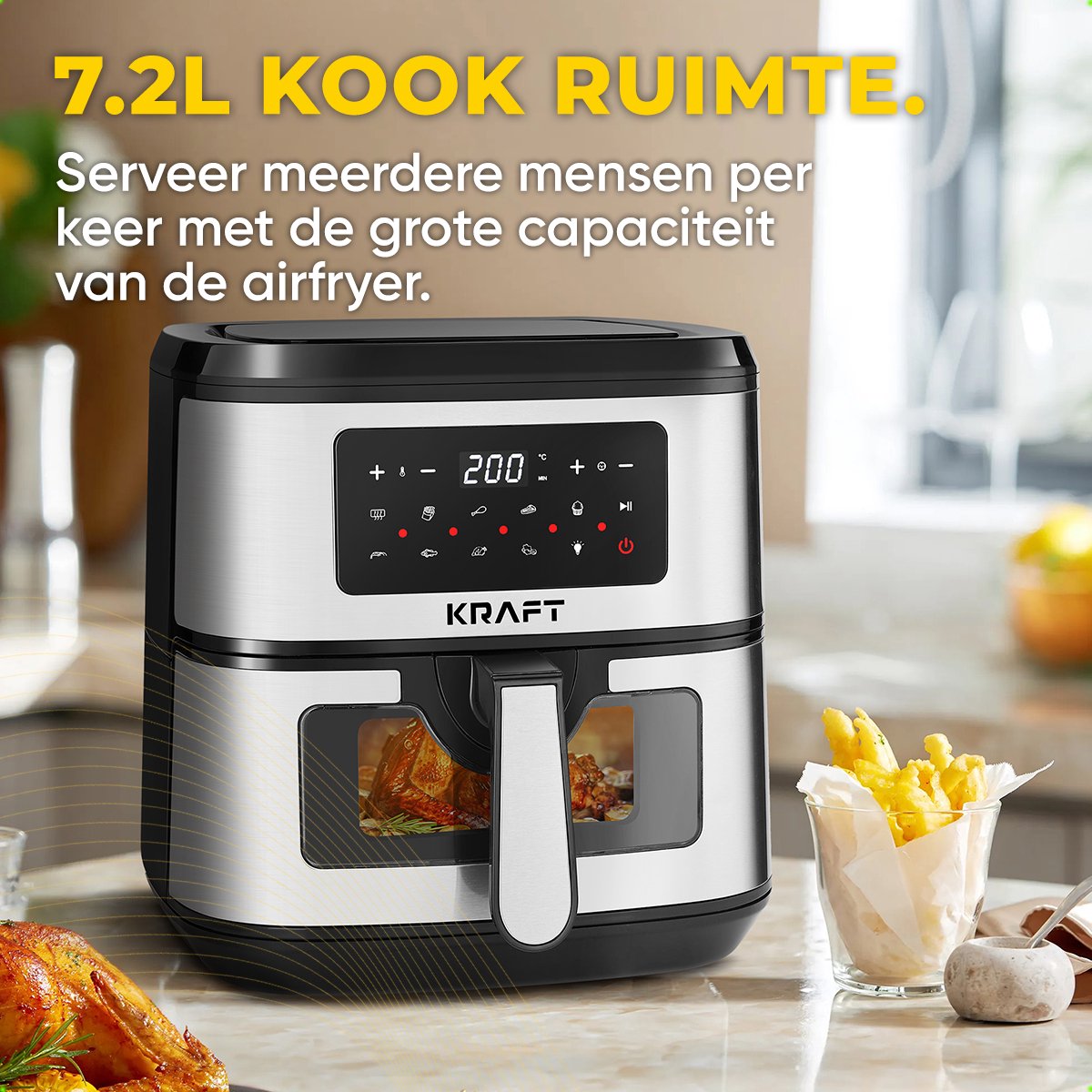 7 Liter XXL Airfryer Heteluchtfriteuse Met Kijkvenster - 1700W Touchscreen, 10 Programma's