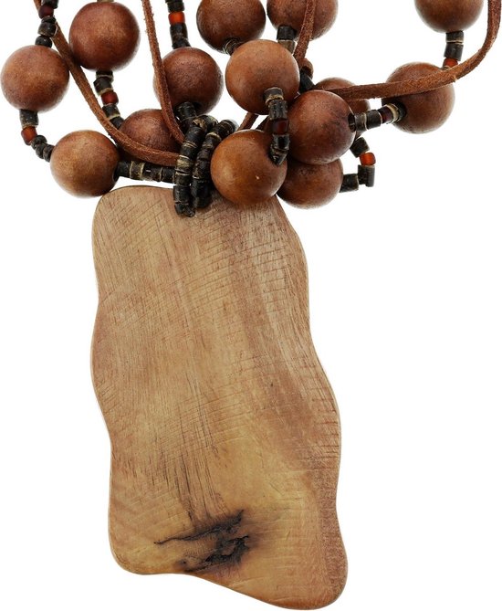Collier Behave Brown avec perles rondes et grand pendentif en bois