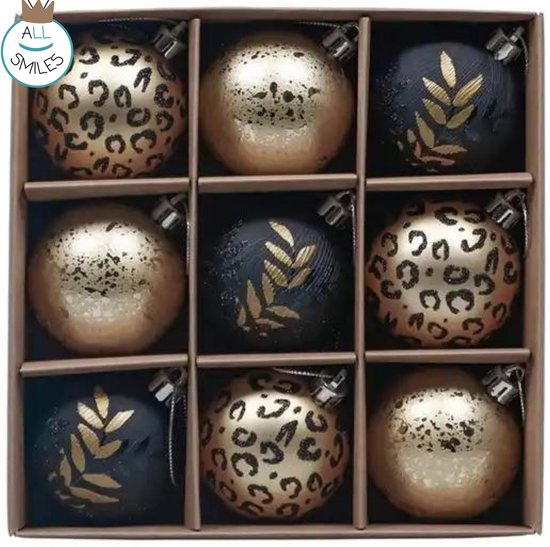 Kerstballen - 9 Delige Set - Kerstversiering - Kerstboomdecoratie - Kerstornamenten - Goud / Zwart / Glitter