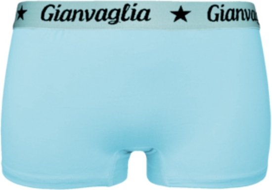 Lichtblauwe boxershort met zwarte elastische band met "Gianvaglia"-logo en sterren.