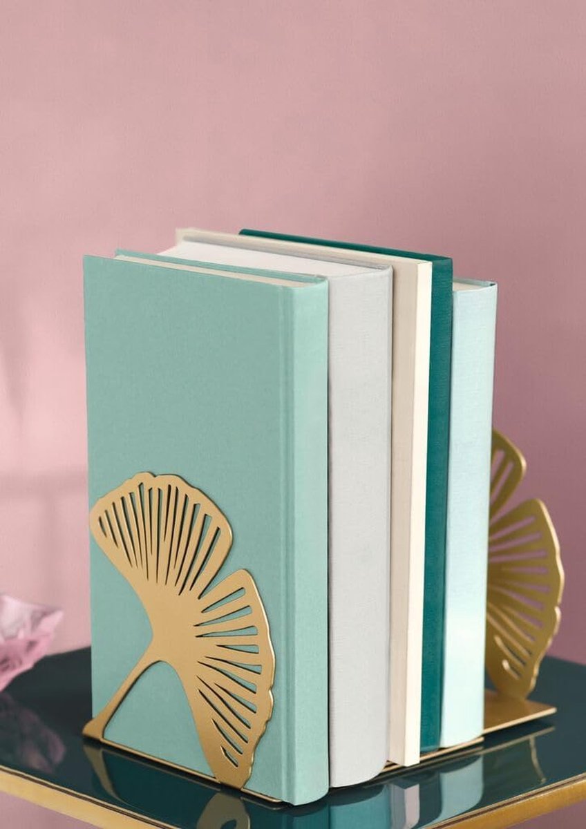 libri_x Gingko Bookend Set of 2, Decorative Metal Book Stand Set in Gold, Golden Bookends with Cut-Out Look