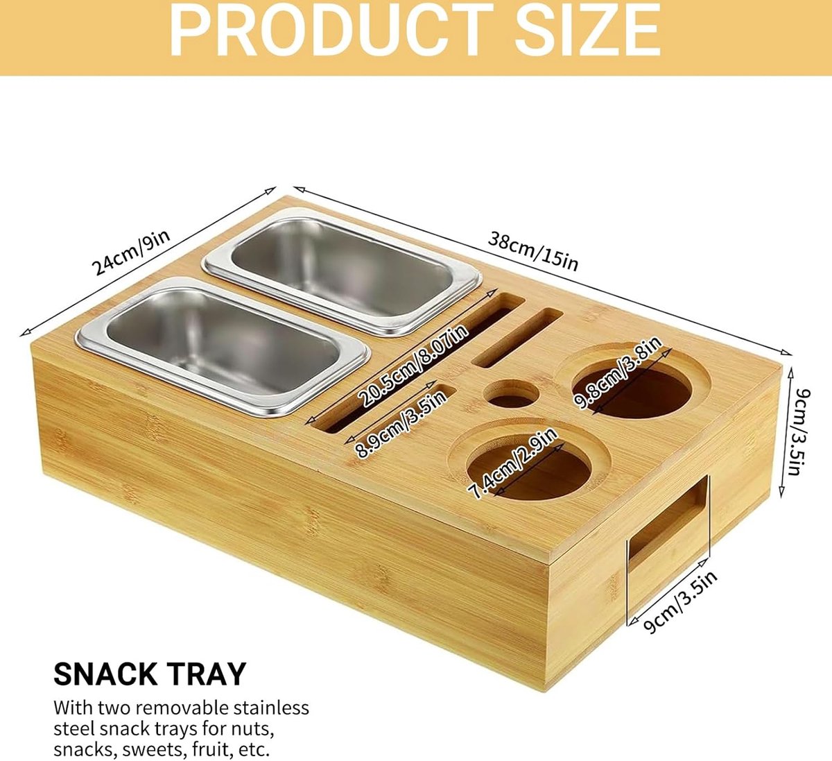 TFSZE Canapé Bar Snack Box, Plateau Repas Canapé,Plateau Petit Dejeuner Lit, Plateau En Bois Avec 3 Bols à Collation En Acier Inoxydable Et Porte-Bouteille, Avec Plateau Amovible Pour Canapé, Bar