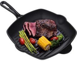 Cast Iron Grill Pan without Coating, Enamelled Cast Iron Frying Pan for Gas Grill Stove Oven, Steak Pan Induction, Easy to Clean, Black
