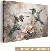 Canvas Schilderij Kolibrie - Vogels - Bloemen - Planten - 120x80 cm - Wanddecoratie