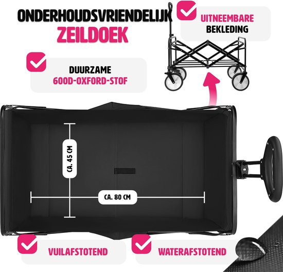 tectake® Opvouwbare handkar - Opvouwbare transportwagen - Met draagtas - Handkar om te trekken - Brede rubberen banden - Opvouwbare wagen voor transport - Voor naar het strand - Draagvermogen tot 80kg - Zwart van TecTake — afbeelding 5