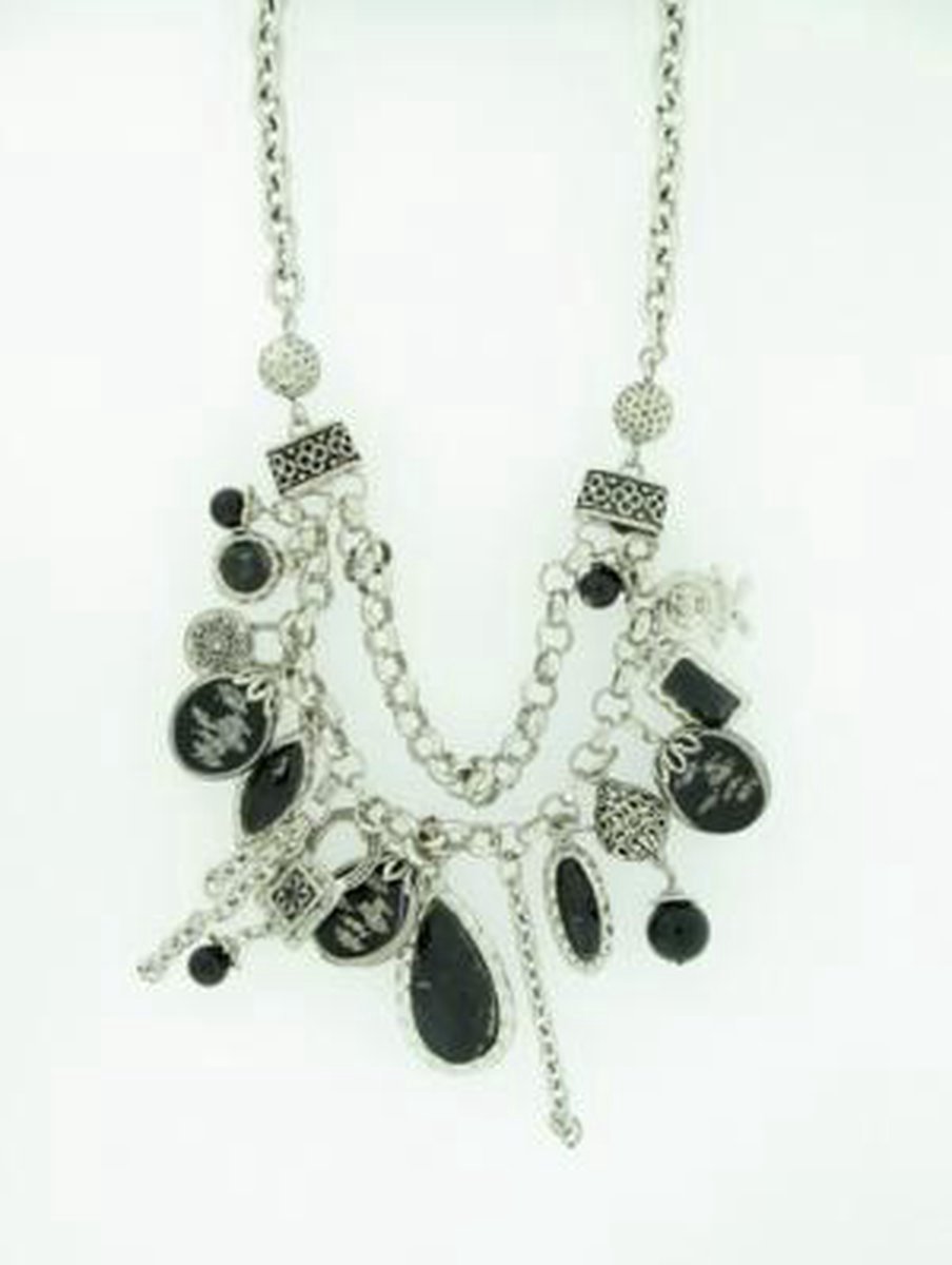 Behave - Korte ketting zilverkleur met bedels en zwarte details - Nikkelvrij - Mode accessoires
