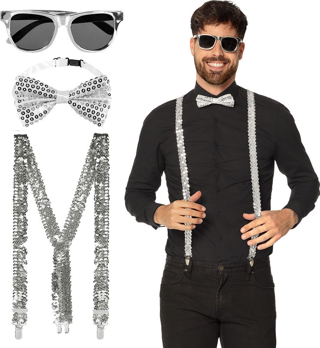 Carnaval verkleed set compleet - glitter hoedje/bretels/party bril/strikje - zilver - heren/dames - verkleedkleding — afbeelding 3