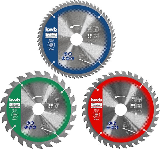 Foto: Kwb cirkelzaagbladenset 190 x 30 20 16 mm voor handcirkelzagen voor plaatmaterialen en bouwmaterialen van hout inclusief verloopringen tot 16 en 20 mm