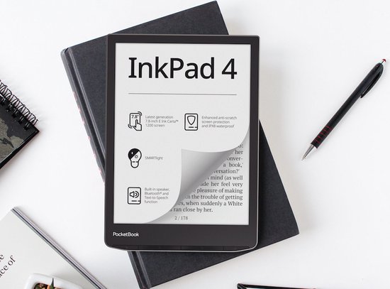 PocketBook InkPad 4 e-reader met 7.8-inch E Ink Carta 1200 scherm, SMARTlight, waterdicht.