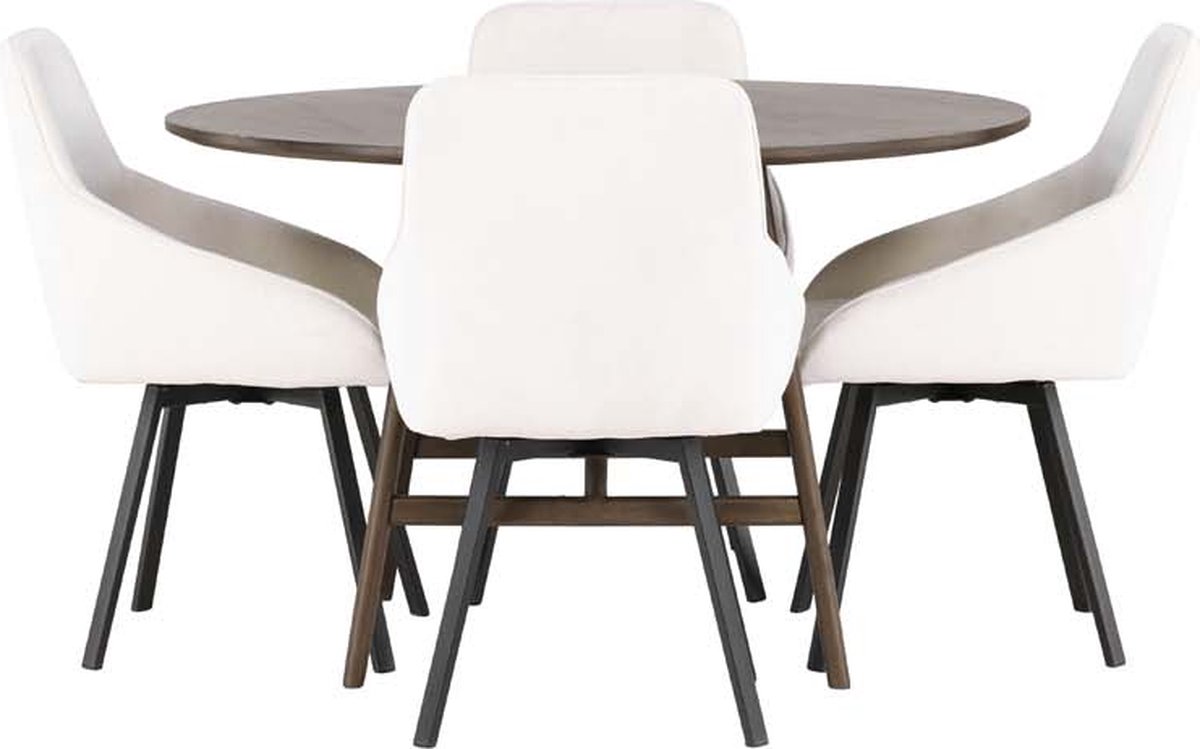 Kaseindon eethoek tafel bruin en 4 Rosie stoelen beige.