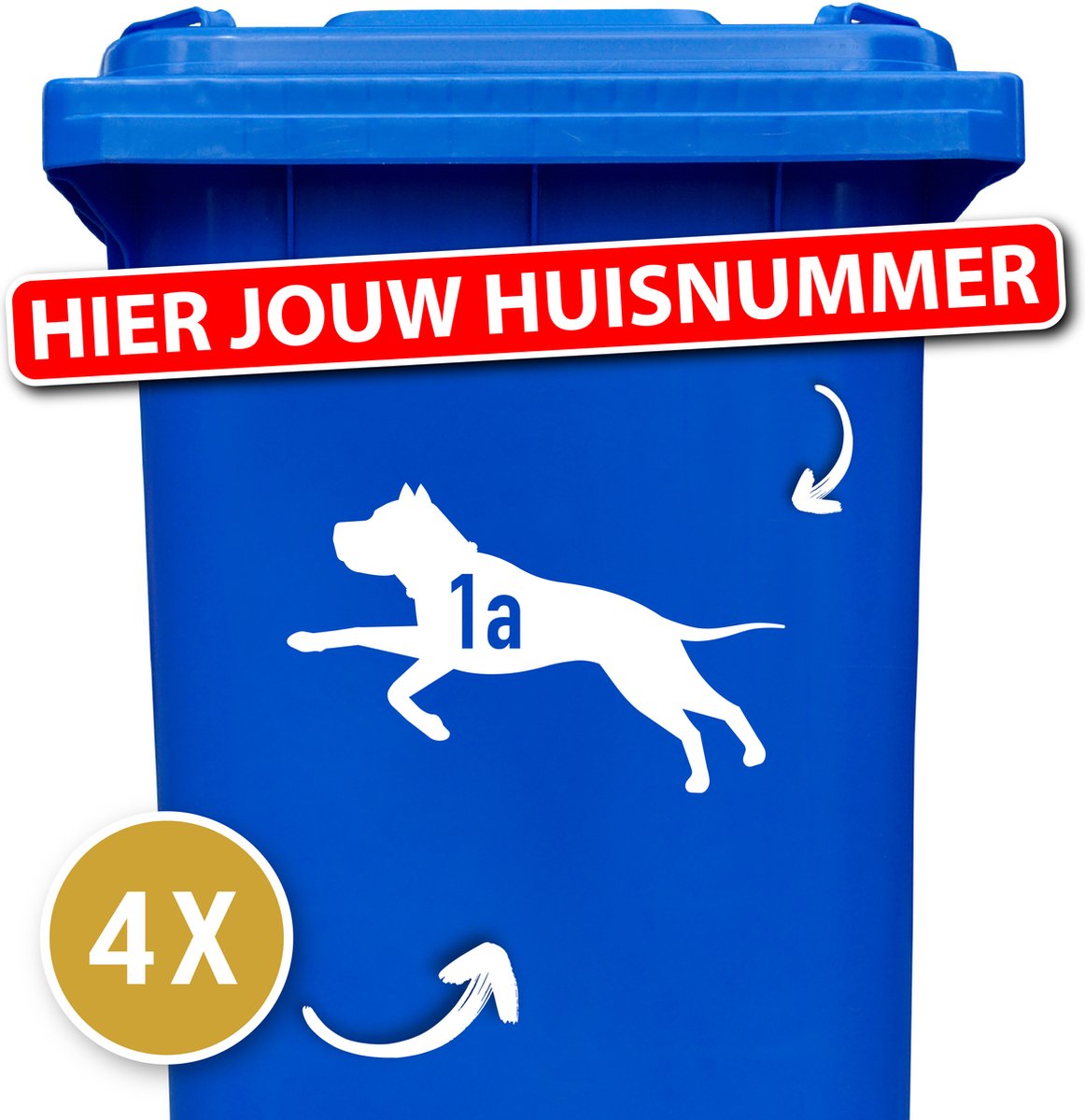 Container sticker - klikostickers - kliko sticker voordeelset - 4 stuks - Pitbull springend - container sticker huisnummer - wit - vuilnisbak stickers - container sticker hond