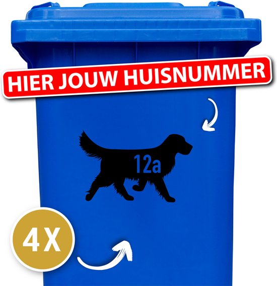 Kliko sticker voordeelset - 4 stuks - Golden retriever - 25 x 16 cm - container sticker huisnummer - zwart - vuilnisbak stickers - container sticker hond