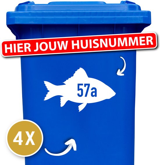 Container Sticker Vis met Huisnummer 4 stuks - 25 x 15,5 cm - Kleur: Wit - Klikostickers - Stickers volwassenen - Cijfer stickers - Container stickers - sticker - stickers - 12345678910 - Cadeau - Geschenk