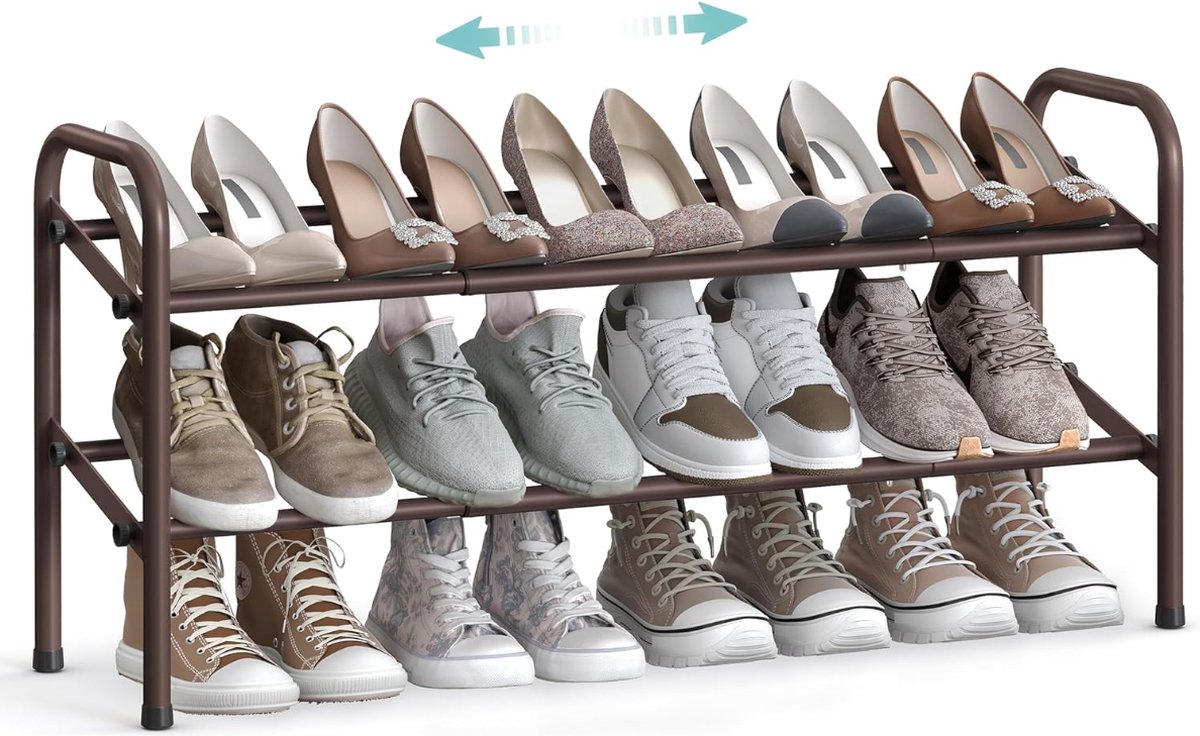 Schoenenrek - schoenenrek - 2 lagen - metalen plank - verstelbare schoenen - staand rek - gang - kast - entree - brons - 23cm x 58cm x 42cm