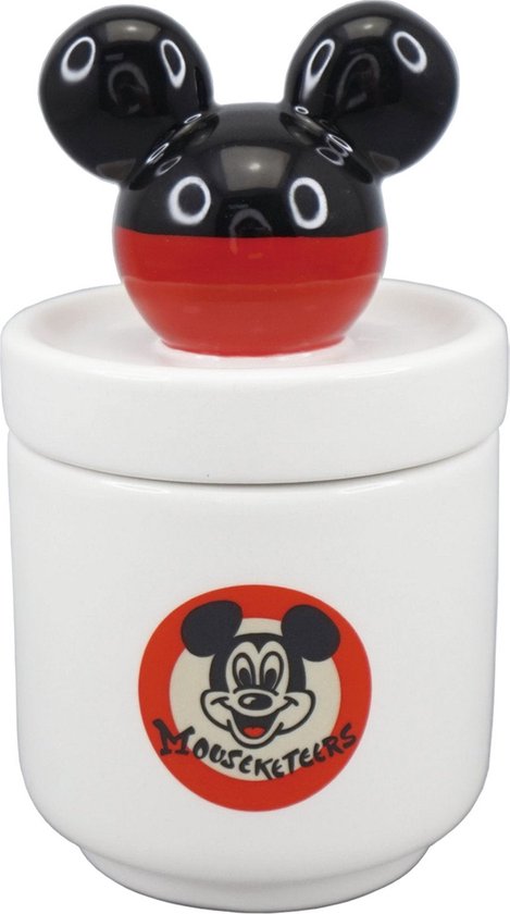 Pot blanc avec logo Mickey Mouse dans un cercle et tête de Mickey Mouse comme couvercle.