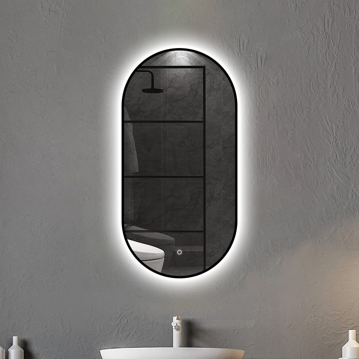 BORELLI - Ovale Badkamerspiegel Zayn met Led 50x100cm - Zwarte omlijsting - Dimbaar - 3 LED standen - Condensvrij vlak - Duurzame kwaliteit - Eenvoudige installatie - Anti corrosie coating