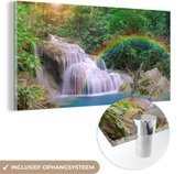 MuchoWow® Glasschilderij 40x20 cm - Schilderij acrylglas - Regenboog - Zon - Waterval - Natuur - Foto op glas - Schilderijen