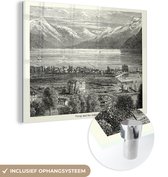 MuchoWow® Glasschilderij 120x90 cm - Schilderij acrylglas - Een vintage illustratie van het Meer van Genève - Foto op glas - Schilderijen