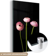 MuchoWow® Glasschilderij 120x180 cm - Schilderij acrylglas - Drie boterbloemen op een zwarte achtergrond - Foto op glas - Schilderijen