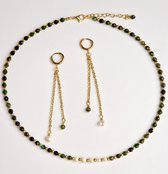Parure de bijoux Mica & Pearls - Coffret cadeau femme - Collier en or - Boucles d'oreilles en or - Acier inoxydable Premium - Plaqué or 18 carats - Boucles d'oreilles avec pendentif - Minéraux verts -