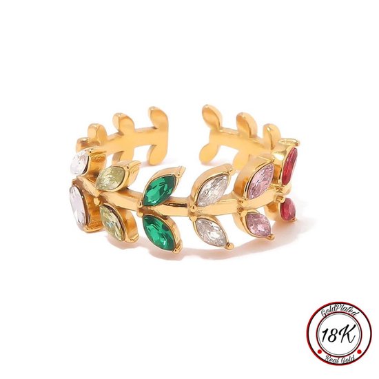 Soraro Rainbow Zirkonia Ring | 18K Goldplated | Goud | Kleurrijk | Elegante Ring | Dames Ring | Klemring | Vrouwen Cadeau | Moederdag | Moederdag cadeau