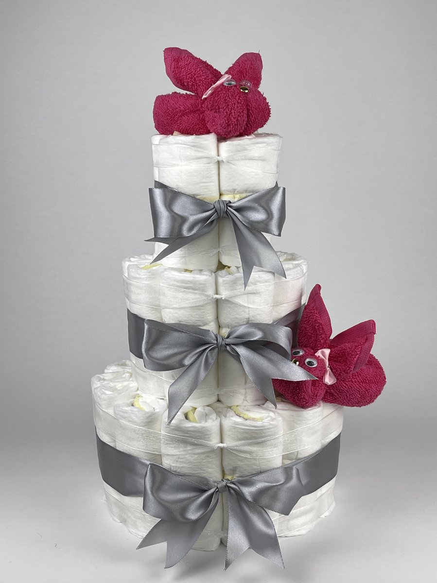 Goedkoopste Chouette-Chouette | Luiertaart Meisje | Kraamcadeau | Geboorte Meisje | Babyshower | Konijnen Fuchsia roze - Grijs
