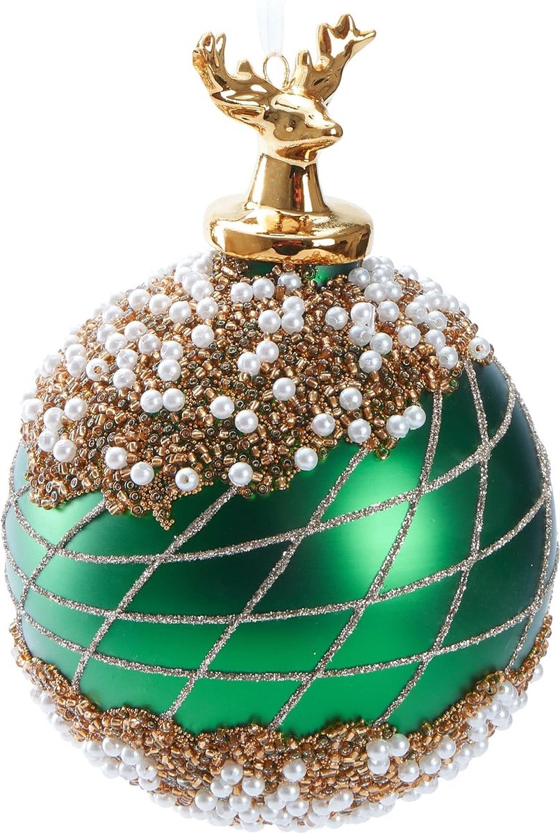 BRUBAKER Premium Kerstballen Groen Met Hertenfiguur Goud - Handgedecoreerde Glazen Kerstballen - 10 Cm Kerstboomversiering Met Parels En Glitters - Kerstboombal