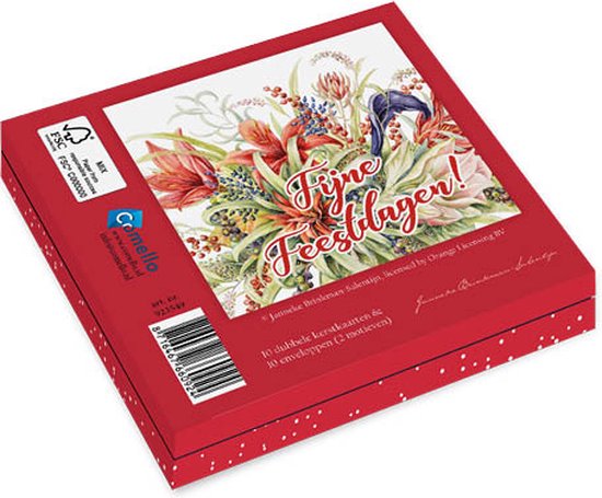 Rood doosje met witte stippen en een afbeelding van een winterboeket met 'Fijne Feestdagen!'
