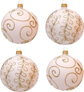 Chique, Witte, Kerstballen met Gouden Strikjes en Gouden Krullen decoratie - Doosje van vier kerstballen van glas 8 cm