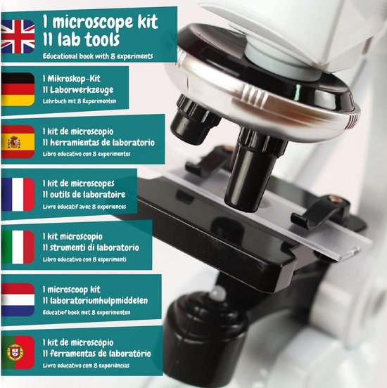 KOSMOS 616984, ontdekkingsmicroscoop, preparaten vergroten en natuurwetenschappen ontdekken, experimenteerdoos met meertalige handleiding (DE, EN, FR, IT, ES, NL), vanaf 8 jaar, MINT speelgoed