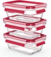 Clip & Close glazen voedselopslagcontainer, set van 3, 3 x 0,45 l, stapelbaar, vriezerbestendig, ovenbestendig, magnetronbestendig, 100% lekvrij, vaatwasmachinebestendig, transparant/rood.