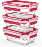 Clip & Close Lot de 3 boîtes de conservation alimentaire en verre, 3 x 0 L, empilables, passent au congélateur, passent au four, passent au micro-ondes, 100 % étanches, passent au lave-vaisselle, transparent/rouge.