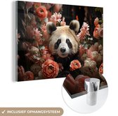 MuchoWow® Glasschilderij 120x80 cm - Schilderij acrylglas - Panda - Dier - Bloemen - Natuur - Botanisch - Foto op glas - Schilderijen