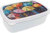 Broodtrommel Wit - Lunchbox Paraplu's - Schilderij - Kunst - Regenboog - Brooddoos 18x12x6 cm - Brood lunch box - Broodtrommels voor kinderen en volwassenen