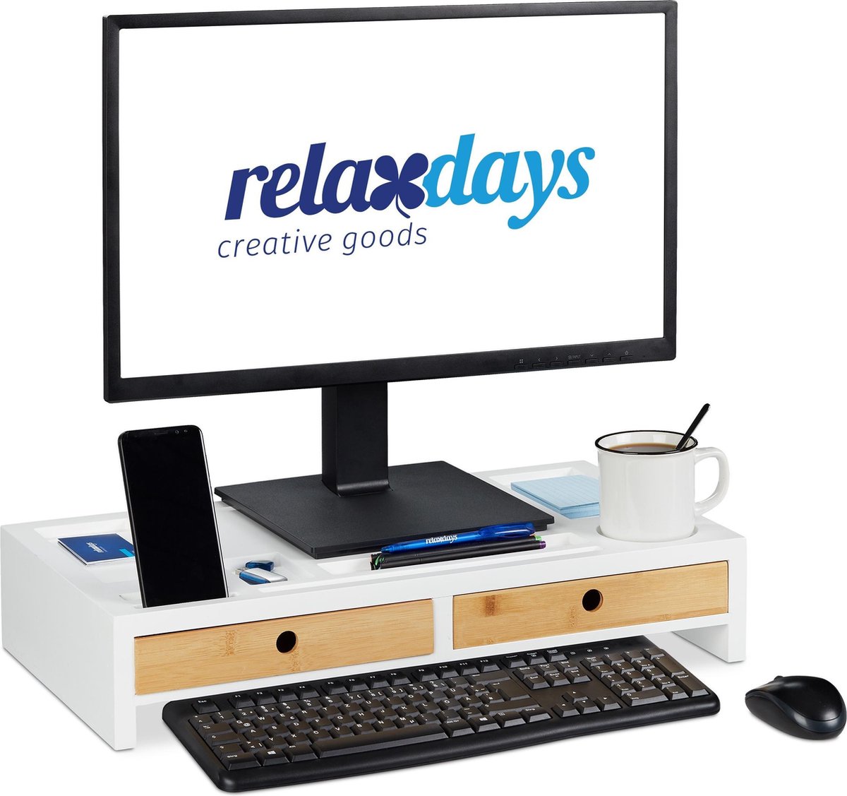 Relaxdays Monitor standaard - organizer - beeldscherm standaard - schermverhoger - bamboe